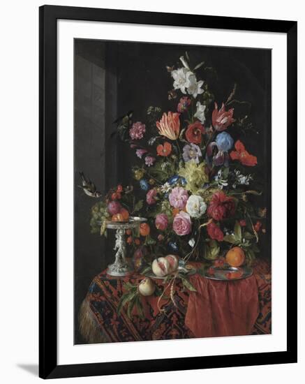 Flowers in a Glass Vase on a Draped Table, with a Silver Tazza, Fruit, Insects and Birds-Jan Davidsz de Heem-Framed Giclee Print