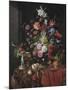 Flowers in a Glass Vase on a Draped Table, with a Silver Tazza, Fruit, Insects and Birds-Jan Davidsz de Heem-Mounted Giclee Print