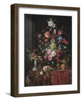 Flowers in a Glass Vase on a Draped Table, with a Silver Tazza, Fruit, Insects and Birds-Jan Davidsz de Heem-Framed Giclee Print