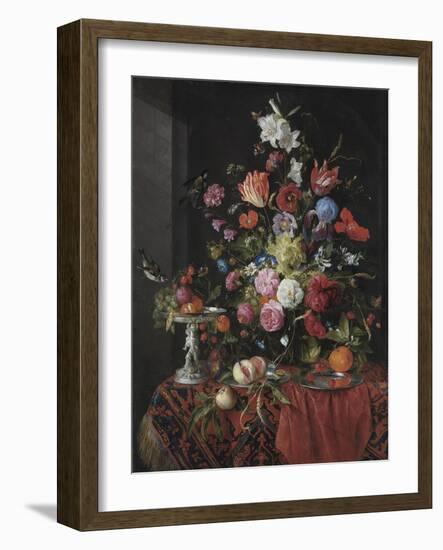Flowers in a Glass Vase on a Draped Table, with a Silver Tazza, Fruit, Insects and Birds-Jan Davidsz de Heem-Framed Giclee Print