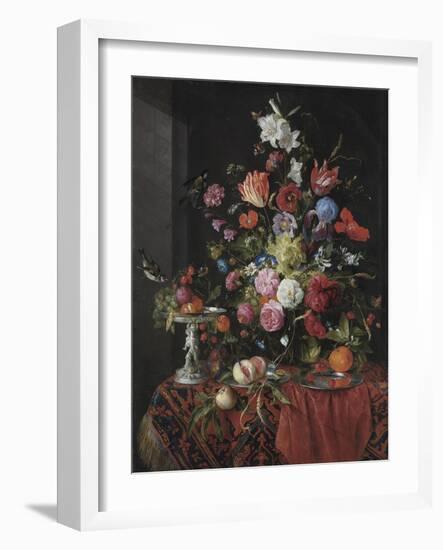 Flowers in a Glass Vase on a Draped Table, with a Silver Tazza, Fruit, Insects and Birds-Jan Davidsz de Heem-Framed Giclee Print