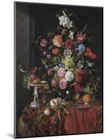 Flowers in a Glass Vase on a Draped Table, with a Silver Tazza, Fruit, Insects and Birds-Jan Davidsz de Heem-Mounted Giclee Print