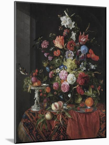 Flowers in a Glass Vase on a Draped Table, with a Silver Tazza, Fruit, Insects and Birds-Jan Davidsz de Heem-Mounted Giclee Print