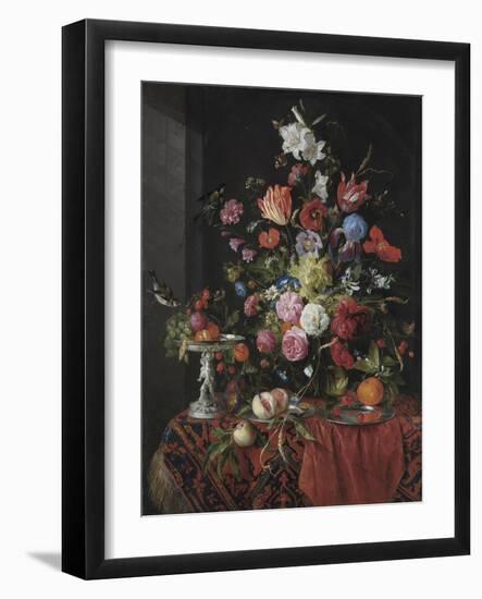 Flowers in a Glass Vase on a Draped Table, with a Silver Tazza, Fruit, Insects and Birds-Jan Davidsz de Heem-Framed Premium Giclee Print