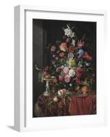 Flowers in a Glass Vase on a Draped Table, with a Silver Tazza, Fruit, Insects and Birds-Jan Davidsz de Heem-Framed Premium Giclee Print