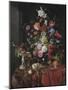 Flowers in a Glass Vase on a Draped Table, with a Silver Tazza, Fruit, Insects and Birds-Jan Davidsz de Heem-Mounted Premium Giclee Print