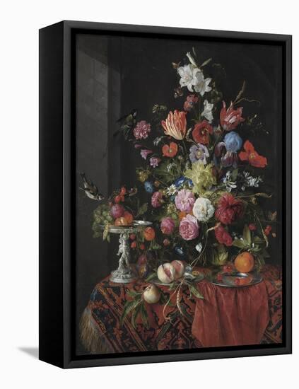 Flowers in a Glass Vase on a Draped Table, with a Silver Tazza, Fruit, Insects and Birds-Jan Davidsz de Heem-Framed Stretched Canvas