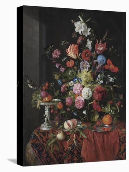 Flowers in a Glass Vase on a Draped Table, with a Silver Tazza, Fruit, Insects and Birds-Jan Davidsz de Heem-Stretched Canvas