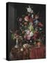 Flowers in a Glass Vase on a Draped Table, with a Silver Tazza, Fruit, Insects and Birds-Jan Davidsz de Heem-Stretched Canvas