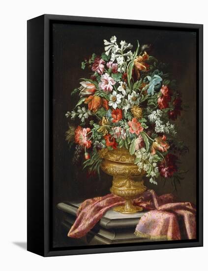 Flowers in a Sculpted Urn on a Draped Stone Pedestal-Andrea The Elder Scacciati-Framed Stretched Canvas