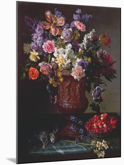 Flowers in a Sculpted Urn with a Bowl of Wild Strawberries and Hare on a Ledge, 1715-Alexandre-Francois Desportes-Mounted Giclee Print