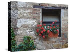 Flowers in a Window In a Tuscan Village, San Quirico d'Orcia, Italy-Dennis Flaherty-Stretched Canvas