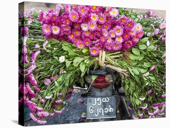 Flowers on Back of Motorcycle, Market, Mandalay, Myanmar (Burma)-Peter Adams-Stretched Canvas