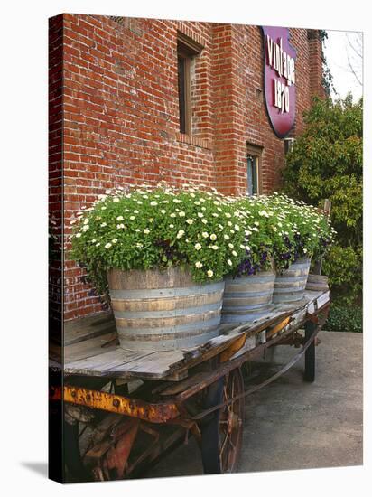 Flowers on Old Baggage Wagon, Vintage 1870 Shops, Napa Valley, California, USA-John Alves-Stretched Canvas