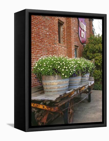 Flowers on Old Baggage Wagon, Vintage 1870 Shops, Napa Valley, California, USA-John Alves-Framed Stretched Canvas