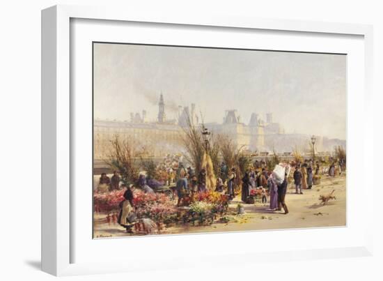 Flowers Sellers on the Banks of the Seine-Gustave Fraipont-Framed Giclee Print