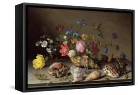 Flowers, Shells and Insects on a Stone Ledge-Balthasar van der Ast-Framed Stretched Canvas