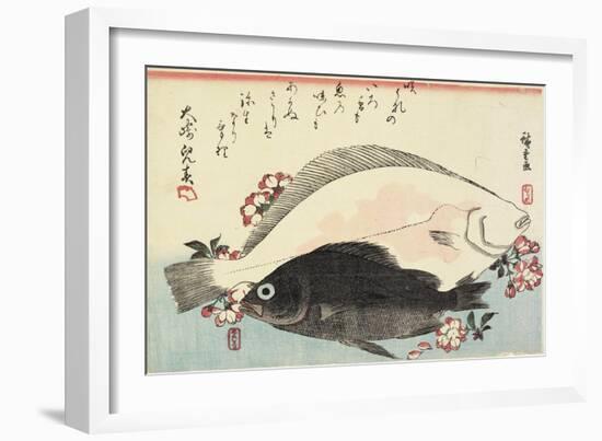 Fluke and Black Bass, Cherry Blossoms-Utagawa Hiroshige-Framed Giclee Print