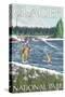 Fly Fisherman, Glacier National Park, Montana-Lantern Press-Stretched Canvas