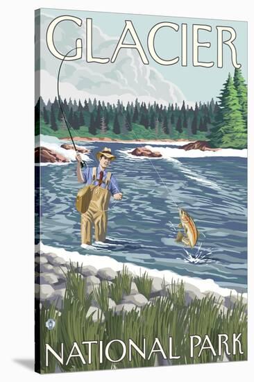 Fly Fisherman, Glacier National Park, Montana-Lantern Press-Stretched Canvas