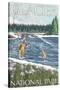 Fly Fisherman, Glacier National Park, Montana-Lantern Press-Stretched Canvas