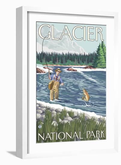 Fly Fisherman, Glacier National Park, Montana-Lantern Press-Framed Art Print