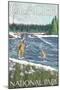 Fly Fisherman, Glacier National Park, Montana-Lantern Press-Mounted Art Print