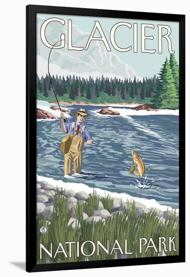 Fly Fisherman, Glacier National Park, Montana-Lantern Press-Framed Art Print