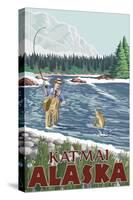 Fly Fisherman, Katmai, Alaska-Lantern Press-Stretched Canvas