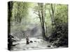 Fly Fisherman Near a Stone Bridge-null-Stretched Canvas