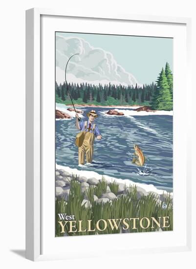 Fly Fisherman, West Yellowstone, Montana-Lantern Press-Framed Art Print