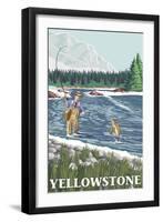 Fly Fisherman, Yellowstone National Park-Lantern Press-Framed Art Print