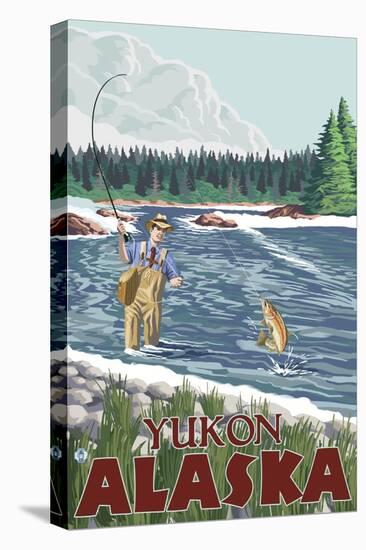 Fly Fisherman, Yukon, Alaska-Lantern Press-Stretched Canvas