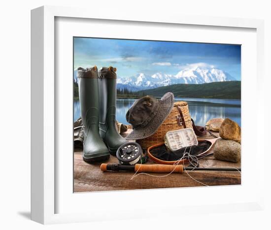 Fly Fishing Equipment on Deck-null-Framed Art Print