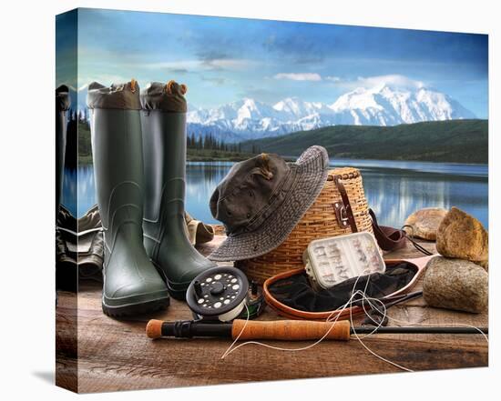 Fly Fishing Equipment on Deck-null-Stretched Canvas