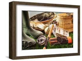 Fly Fishing Equipment on Grass-null-Framed Art Print