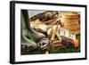 Fly Fishing Equipment on Grass-null-Framed Art Print