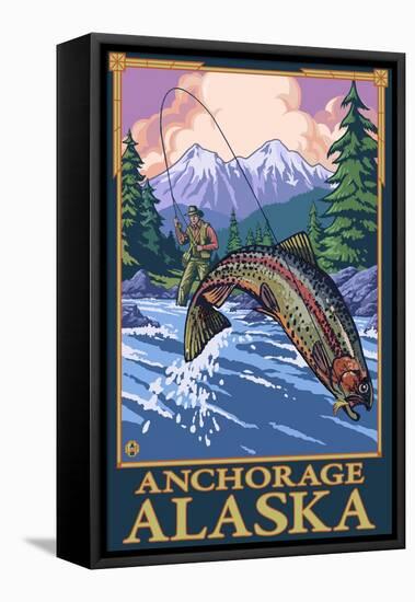 Fly Fishing Scene, Anchorage, Alaska-Lantern Press-Framed Stretched Canvas