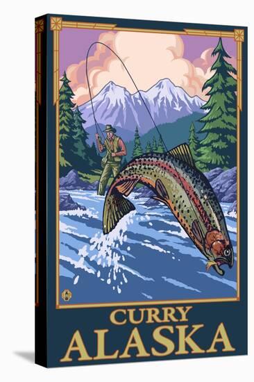 Fly Fishing Scene, Curry, Alaska-Lantern Press-Stretched Canvas