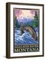 Fly Fishing Scene, Gallatin River, Montana-Lantern Press-Framed Art Print