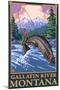 Fly Fishing Scene, Gallatin River, Montana-Lantern Press-Mounted Art Print