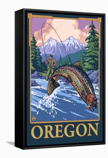 Fly Fishing Scene, Oregon-Lantern Press-Framed Stretched Canvas