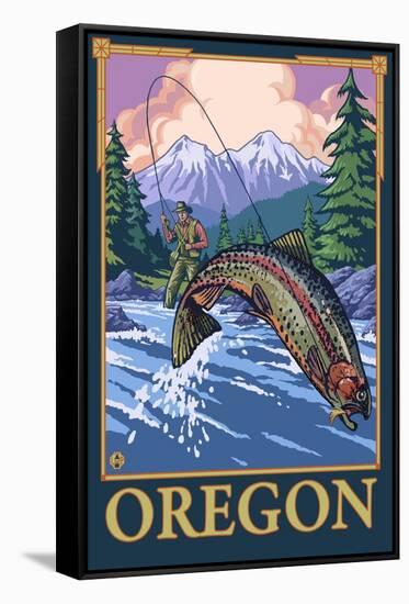 Fly Fishing Scene, Oregon-Lantern Press-Framed Stretched Canvas