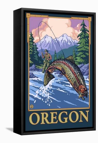 Fly Fishing Scene, Oregon-Lantern Press-Framed Stretched Canvas