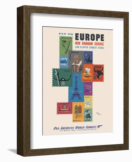 Fly to Europe - Pan American World Airways - Vintage Airline Travel Poster, 1952-Jean Carlu-Framed Art Print