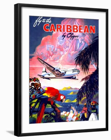 "Fly to the Caribbean by Clipper" Vintage Travel Poster-Piddix-Framed Art Print