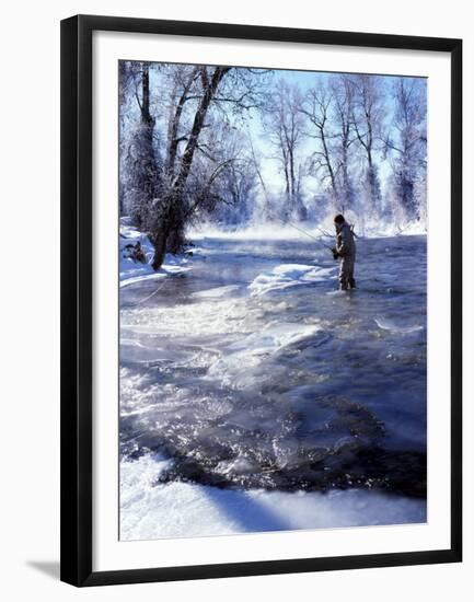 Flyfishing in Provo River on Cold Morning, Wasatch Mountains, near Heber, Utah, USA-Howie Garber-Framed Premium Photographic Print