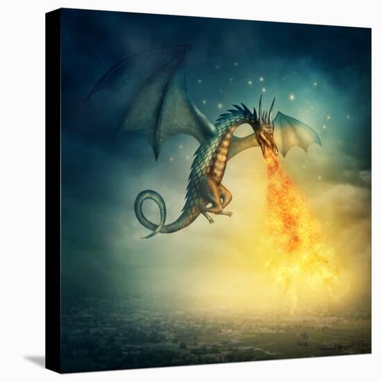 Flying Fantasy Dragon at Night-egal-Stretched Canvas