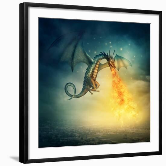 Flying Fantasy Dragon at Night-egal-Framed Photographic Print