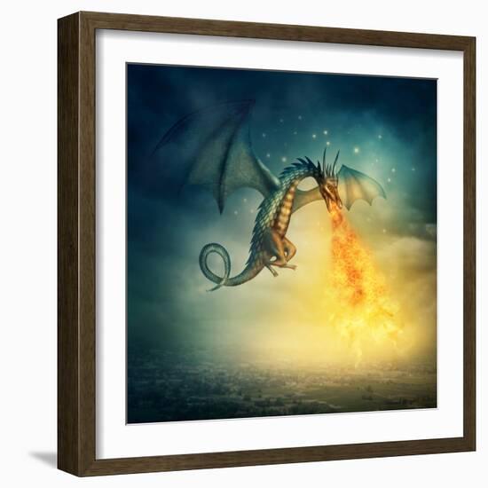 Flying Fantasy Dragon at Night-egal-Framed Photographic Print